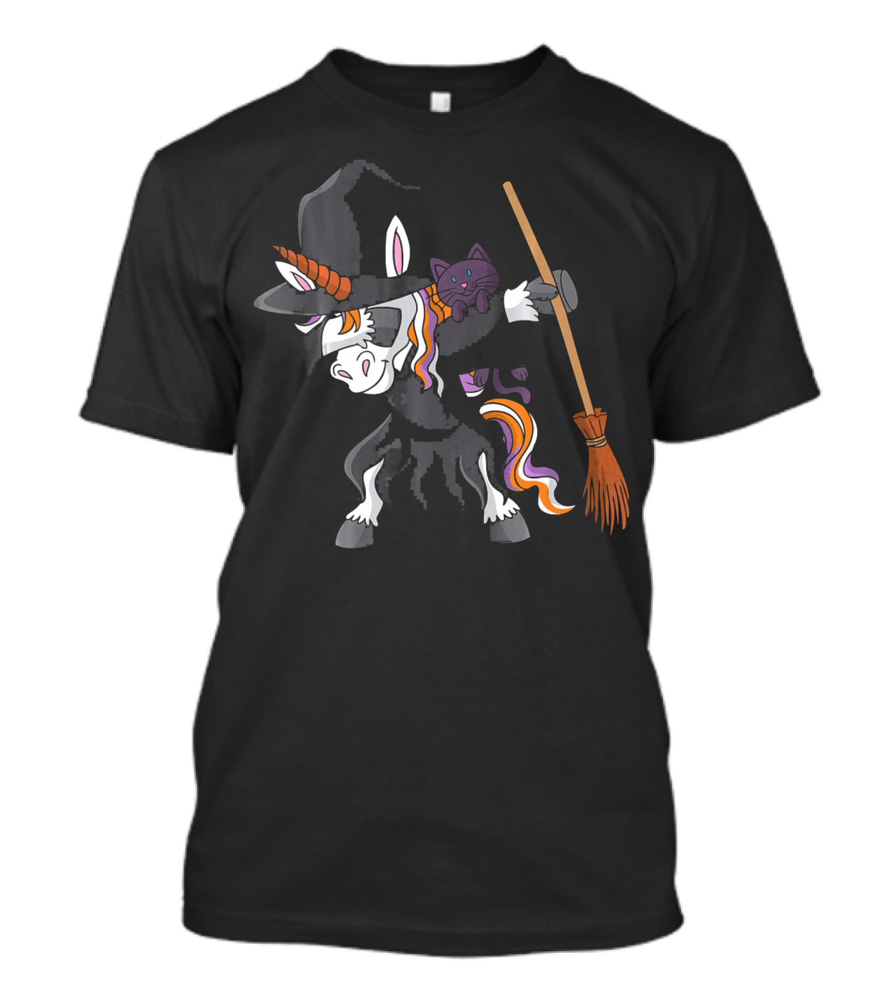Dabbing Halloween Witch Unicorn With Cat And Broom T-Shirt
