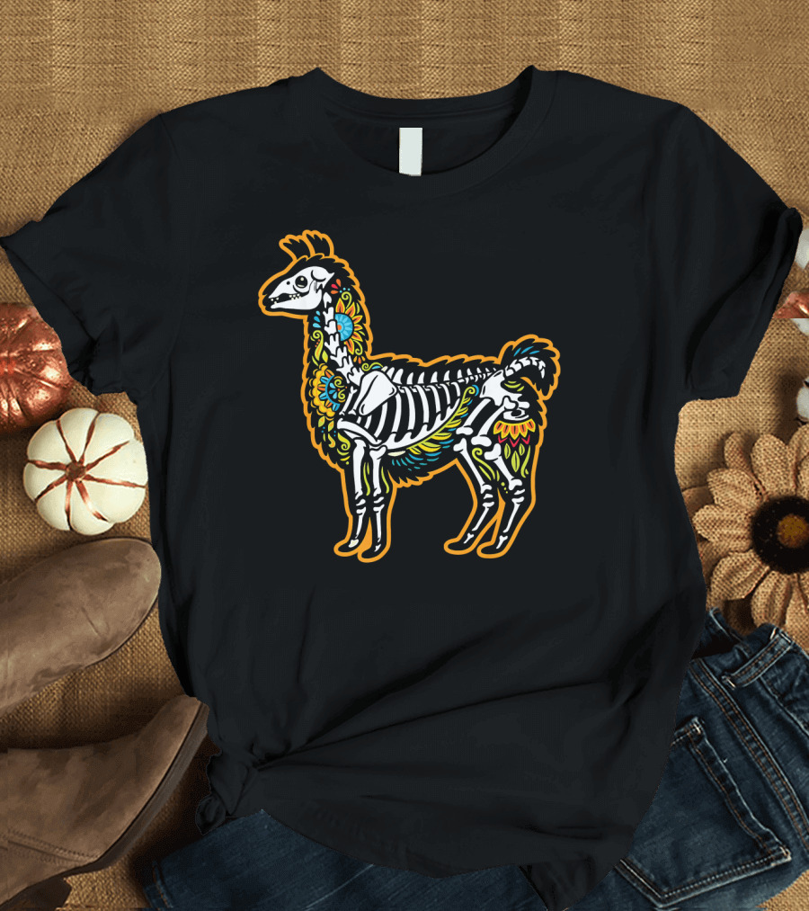 Colorful Dia de los Muertos Llama Skeleton T-Shirt