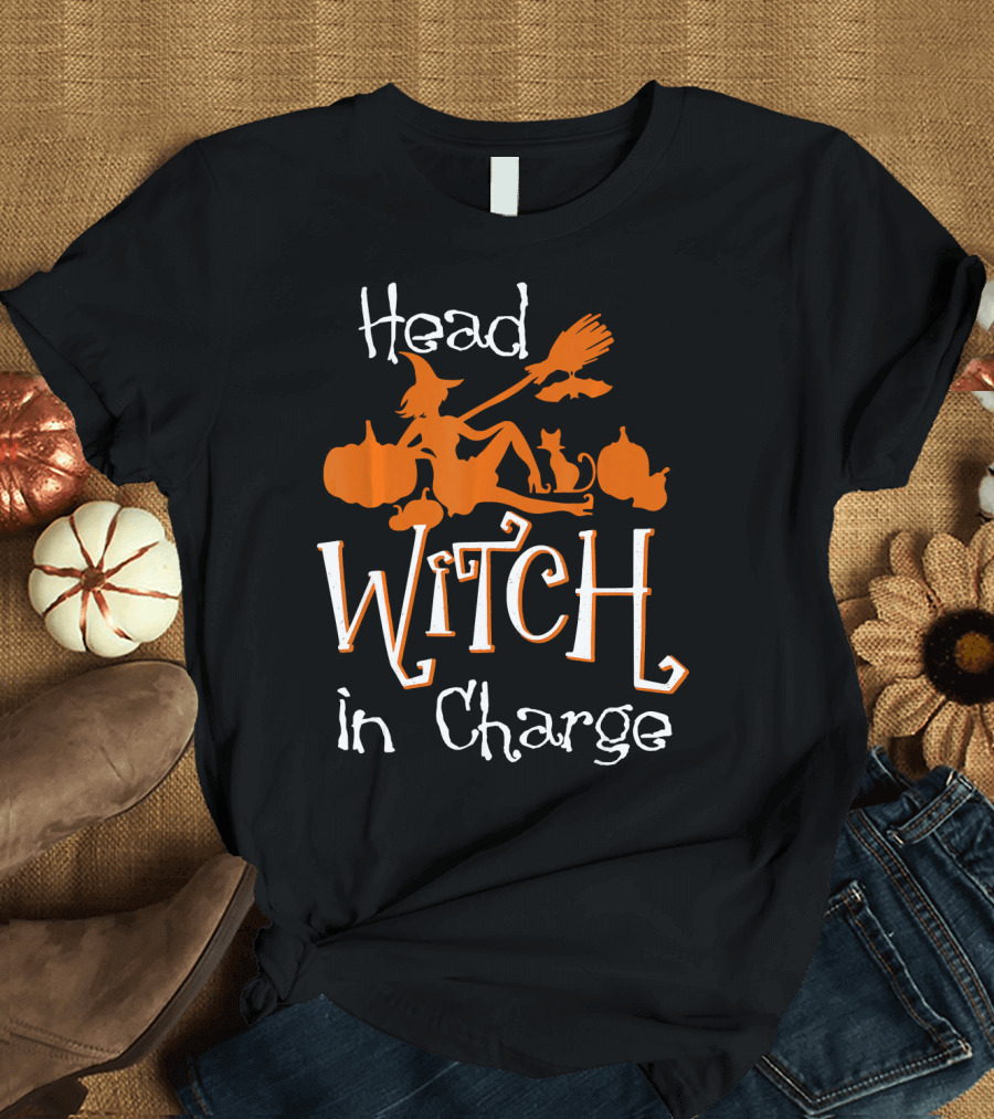 Head Witch In Charge Funny Halloween Pumpkins Broomstick Cat T-Shirt