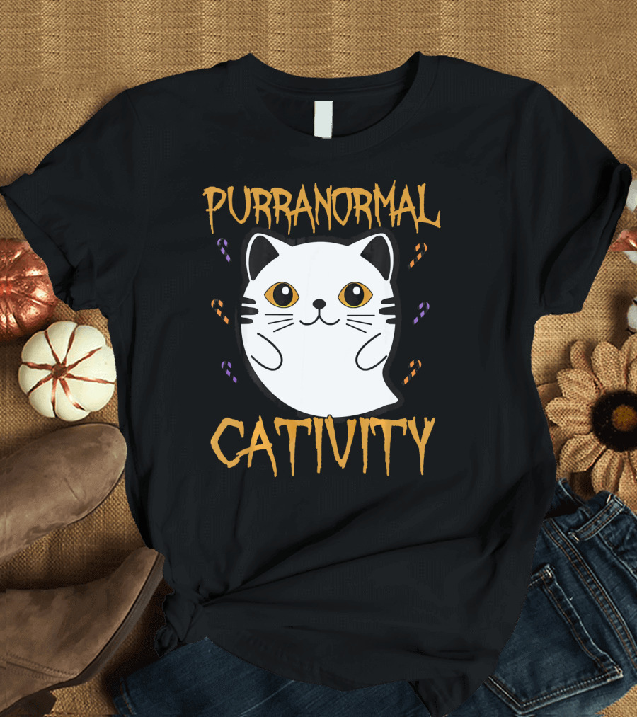 Purranormal Cativity Ghostly Cat Boo with Candy Corn T-Shirt