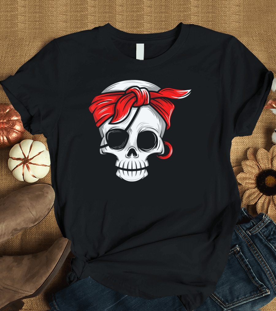 Pirate Skull with Red Bandana and Eye Patch T-Shirt