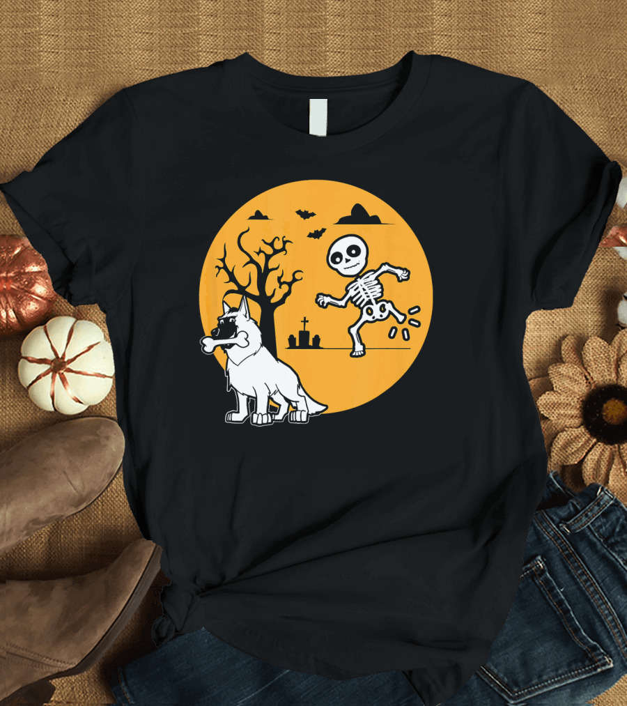 Belgian Malinois Skeleton Bone Halloween Moon Graveyard Scene T-Shirt