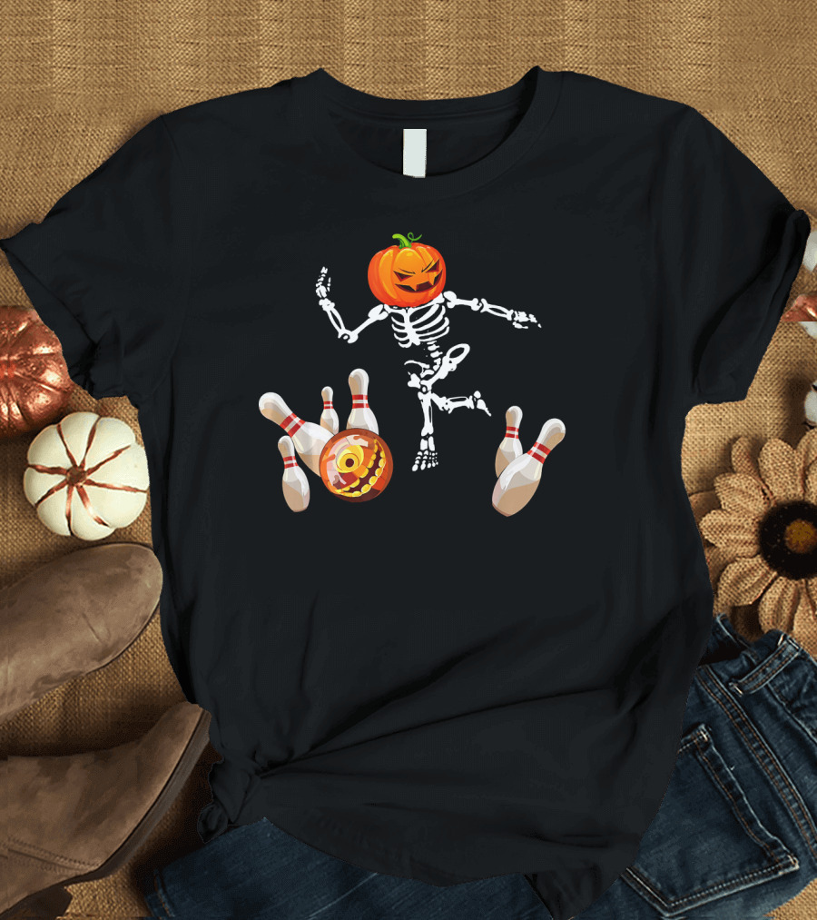Funny Halloween Pumpkin Head Skeleton Bowling Scene T-Shirt
