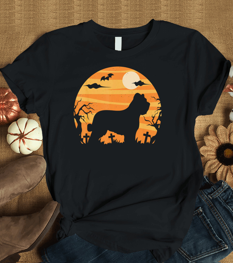 Briard Dog Halloween Moonlit Graveyard Scene T-Shirt