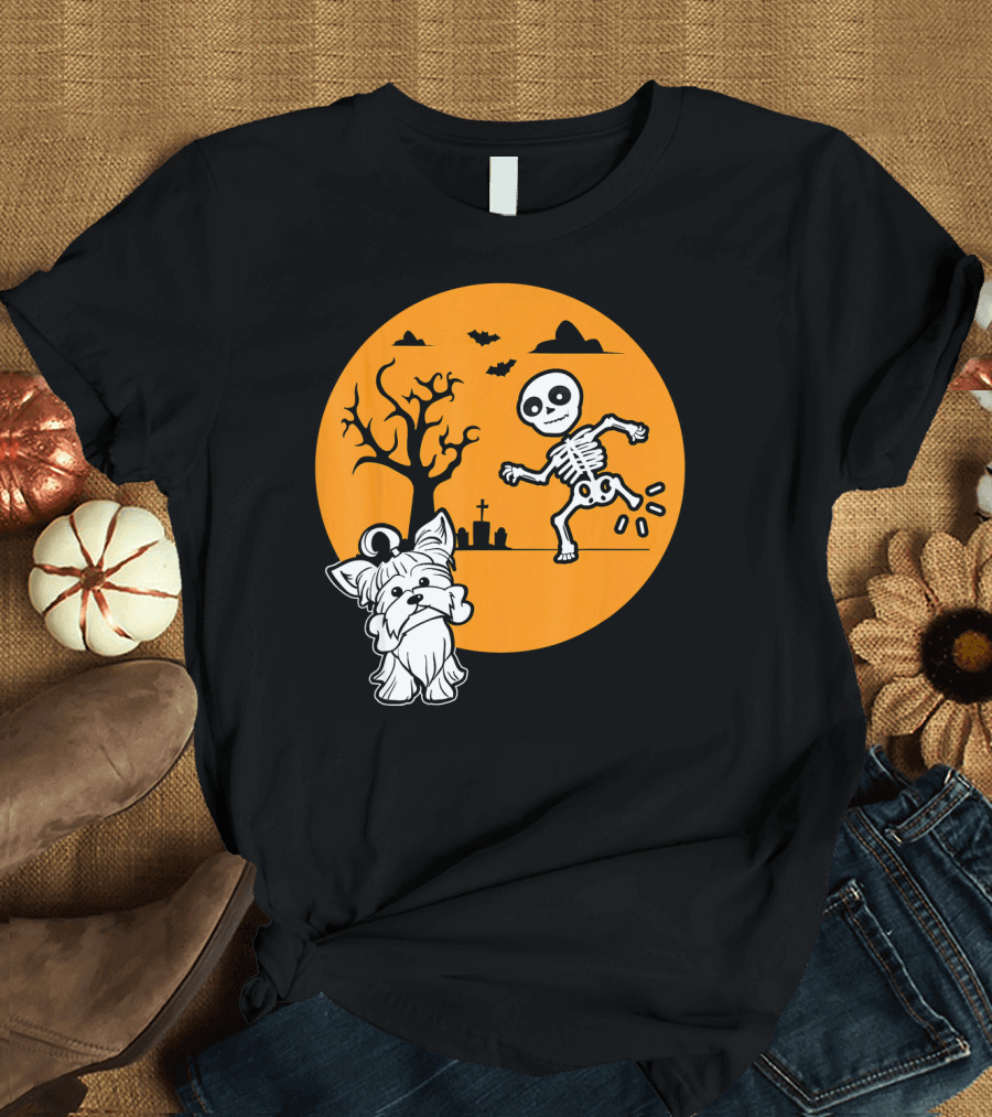 Yorkshire Terrier Halloween Costume Skeleton Dance Moon Bat Graveyard T-Shirt