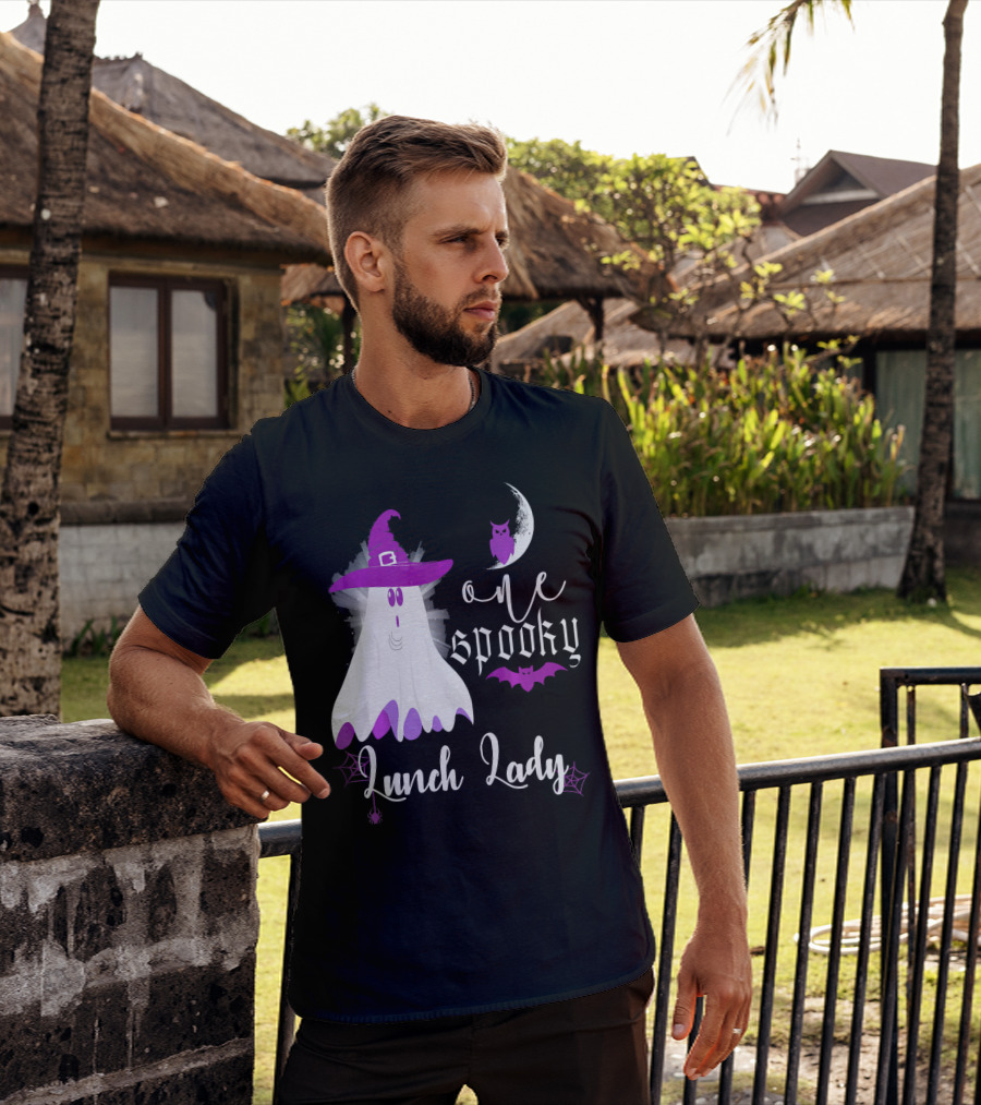 One Spooky Lunch Lady Halloween Ghost With Purple Bat And Moon T-Shirt