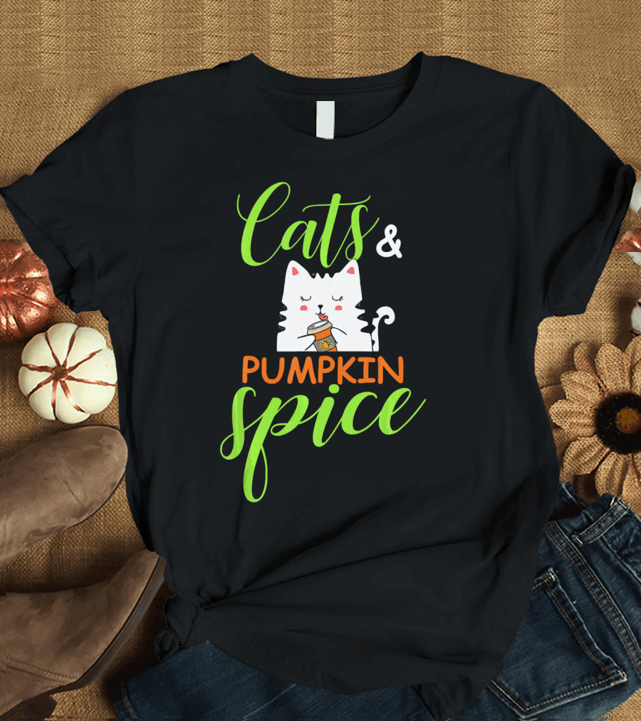 Cats and Pumpkin Spice Fall Autumn Cozy Cat with Coffee Cup T-Shirt
