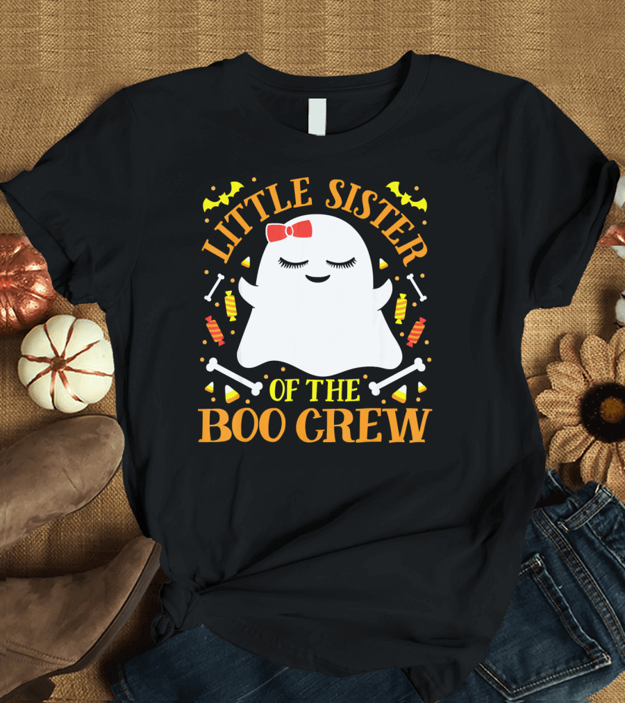 Little Sister of the Boo Crew Ghost Halloween Candy Bats T-Shirt