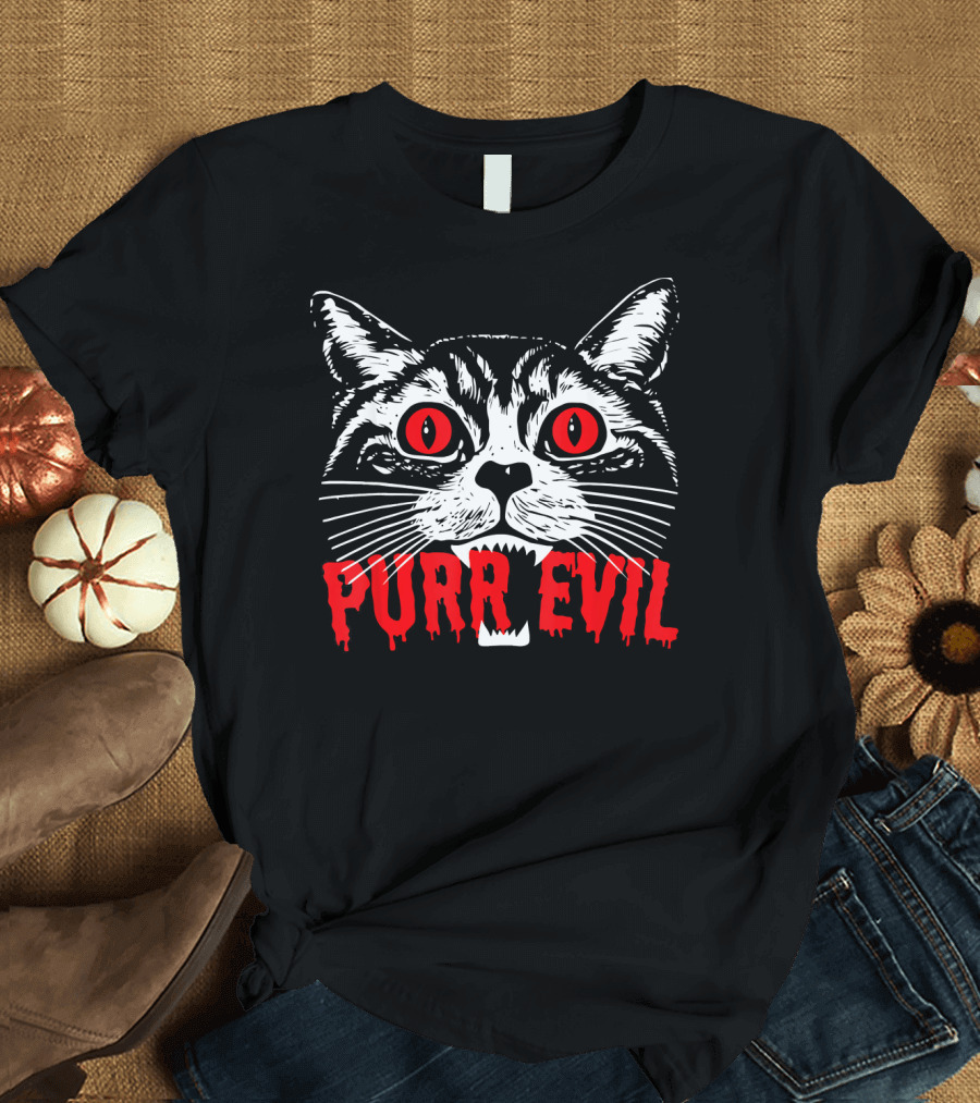 Purr Evil Satanic Cat Red Eyes Halloween T-Shirt