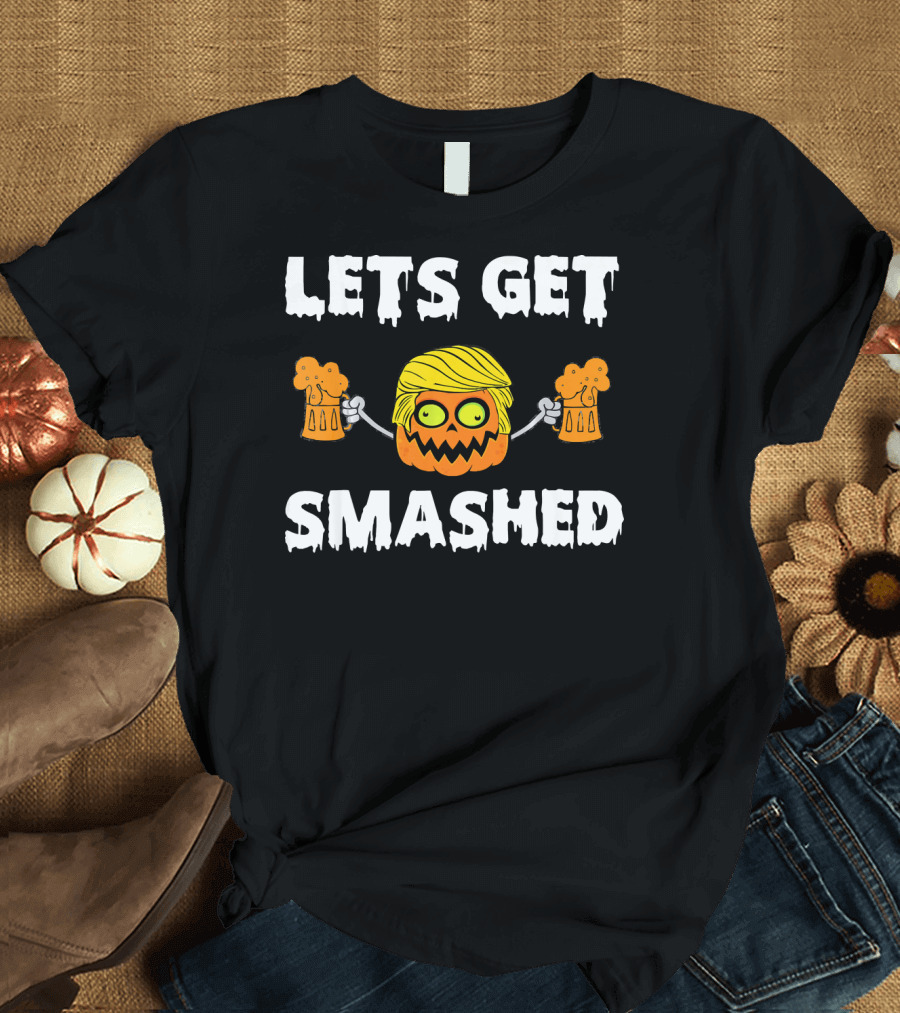 Lets Get Smashed Pumpkin Holding Beer Mugs with Blonde Hair T-Shirt