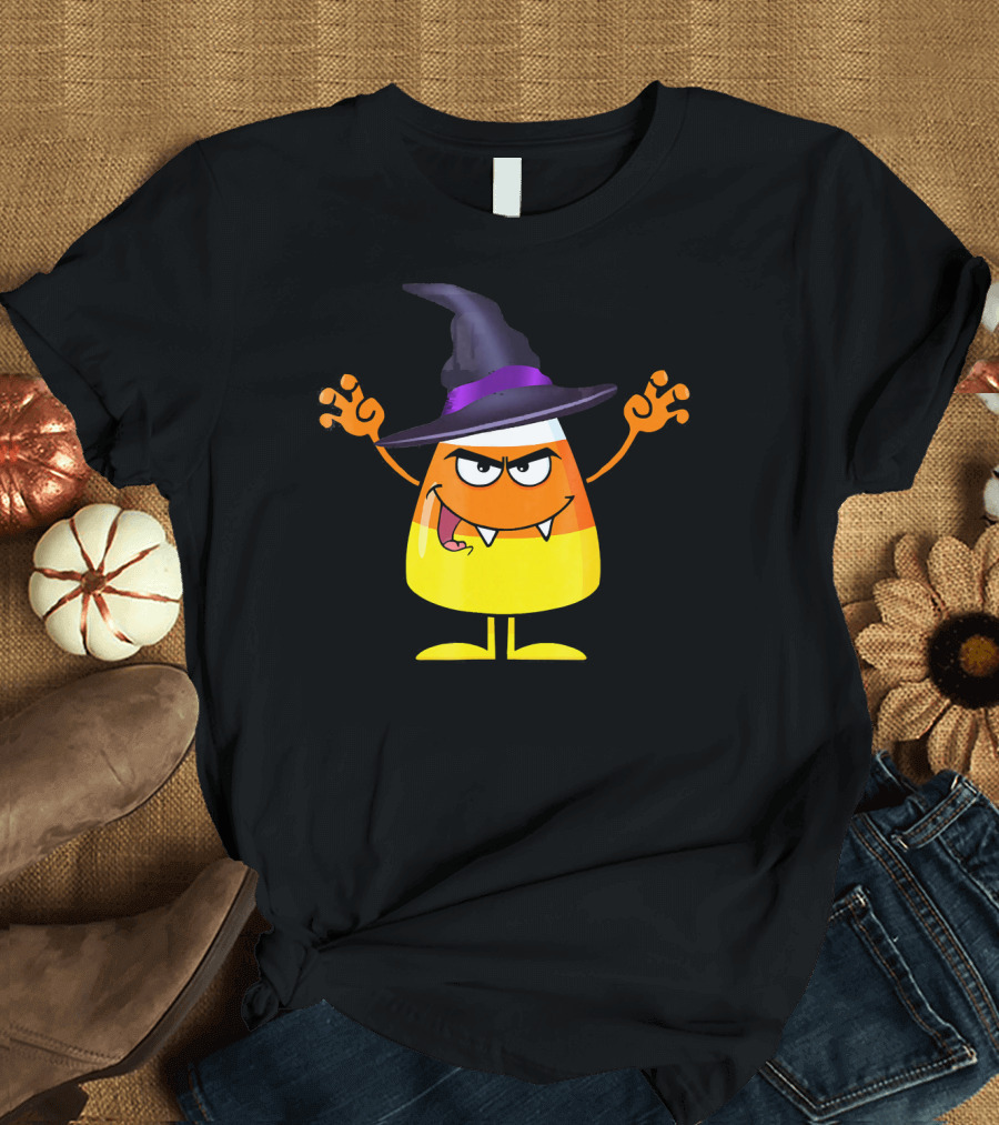 Halloween Candy Corn Witch Emoji with Funny Evil Grin T-Shirt