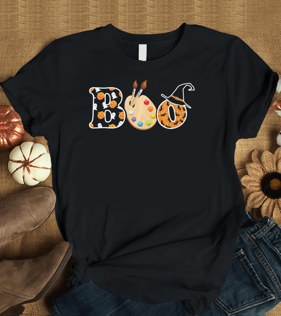 Boo Artist Palette Halloween Witch Hat Pumpkin Ghost T-Shirt