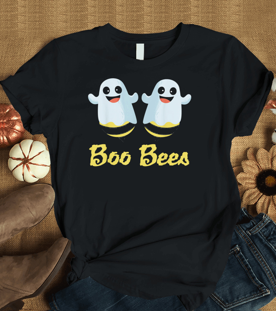 BOO BEES Couples Ghosts with Smiling Faces and Yellow Stripes T-Shirt