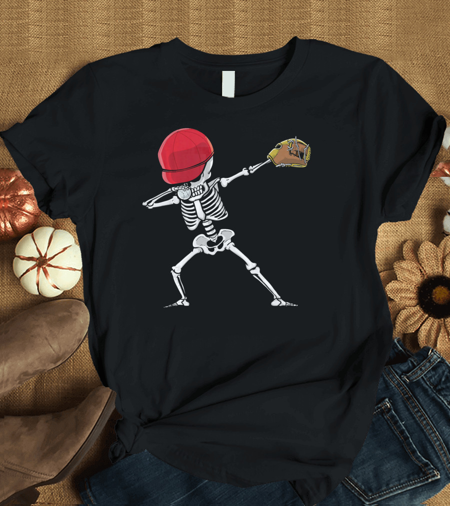 Skeleton Dabbing with Red Cap and Baseball Glove T-Shirt
