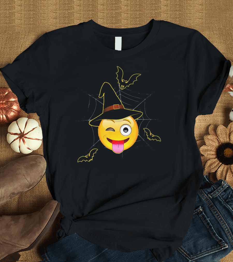Funny Halloween Witch Emoji Winking Face with Bats and Spider Web T-Shirt