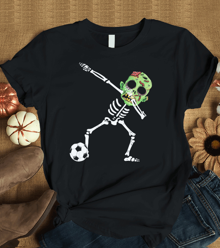 Dabbing Skeleton Soccer Zombie with Green Head T-Shirt