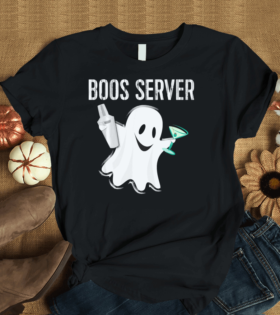 Boos Server Ghost Holding Cocktail Shaker and Martini T-Shirt