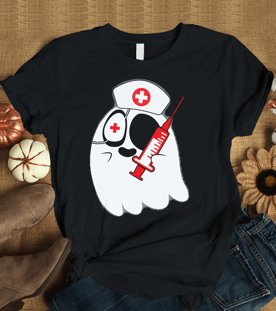 Funny Ghost Nurse Emoji with Syringe Nurse Hat T-Shirt