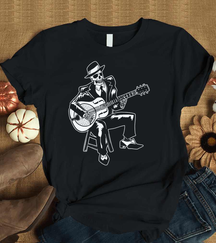 Blues Music Skeleton Playing Guitar with Fedora and Suit T-Shirt