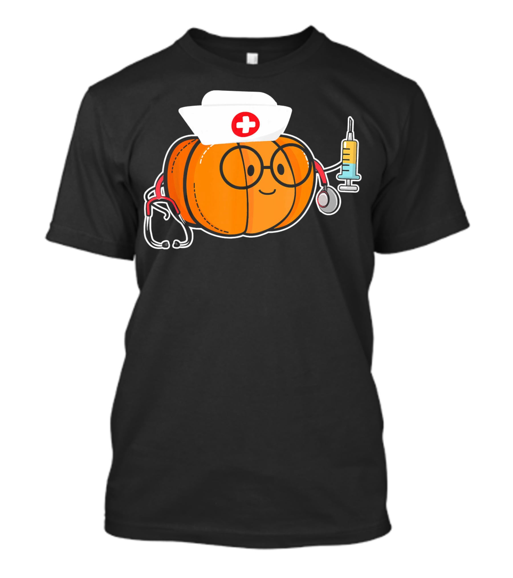 Nurse Halloween Pumpkin With Stethoscope And Syringe Smiling Face T-Shirt