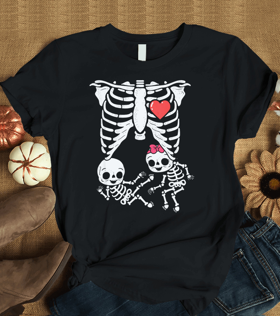 Skeleton Pregnancy Announcement with Baby Skeletons and Heart T-Shirt