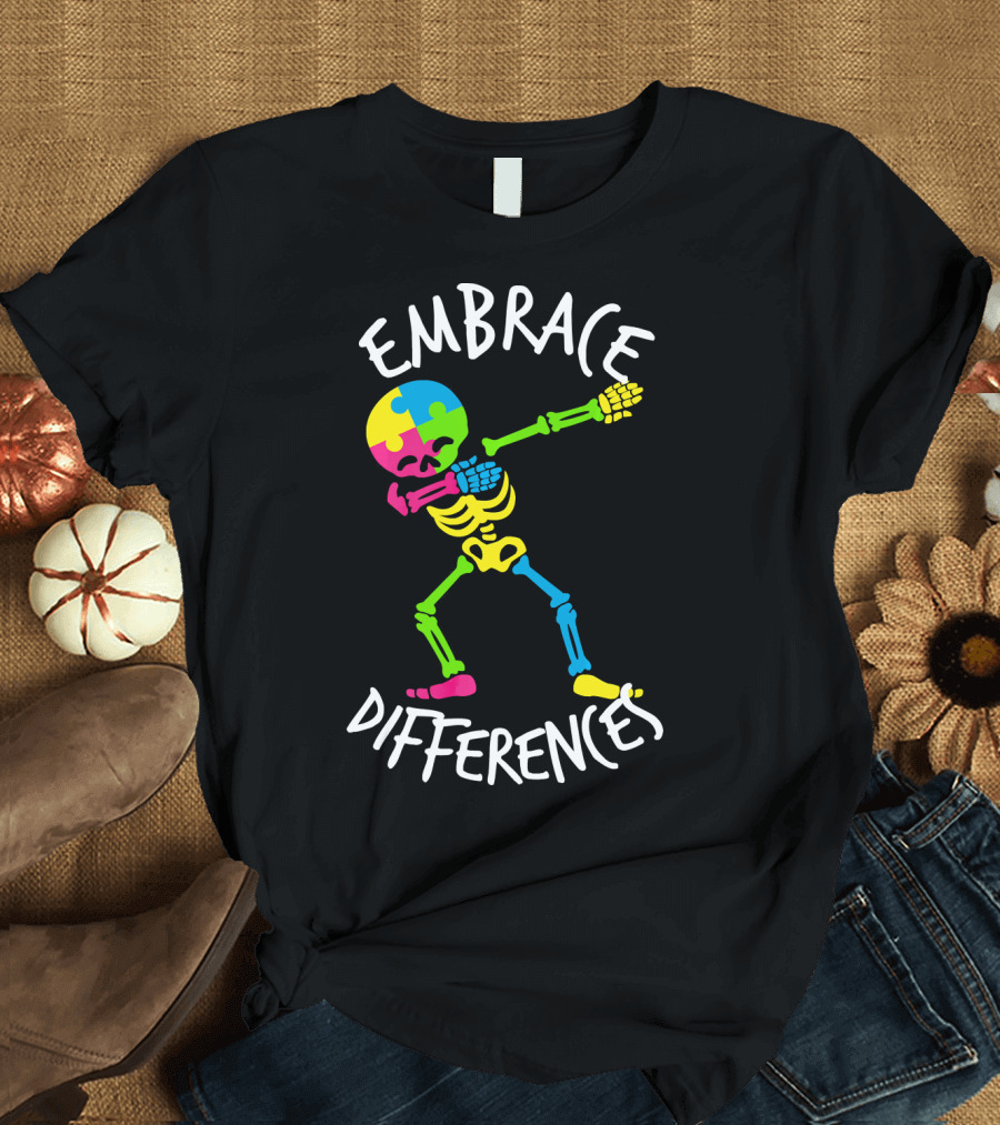 Embrace Differences Autism Awareness Colorful Skeleton Dabbing T-Shirt