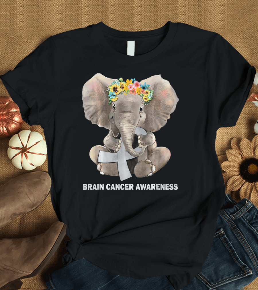 Hippie Elephant Holding Gray Ribbon Brain Cancer Awareness T-Shirt