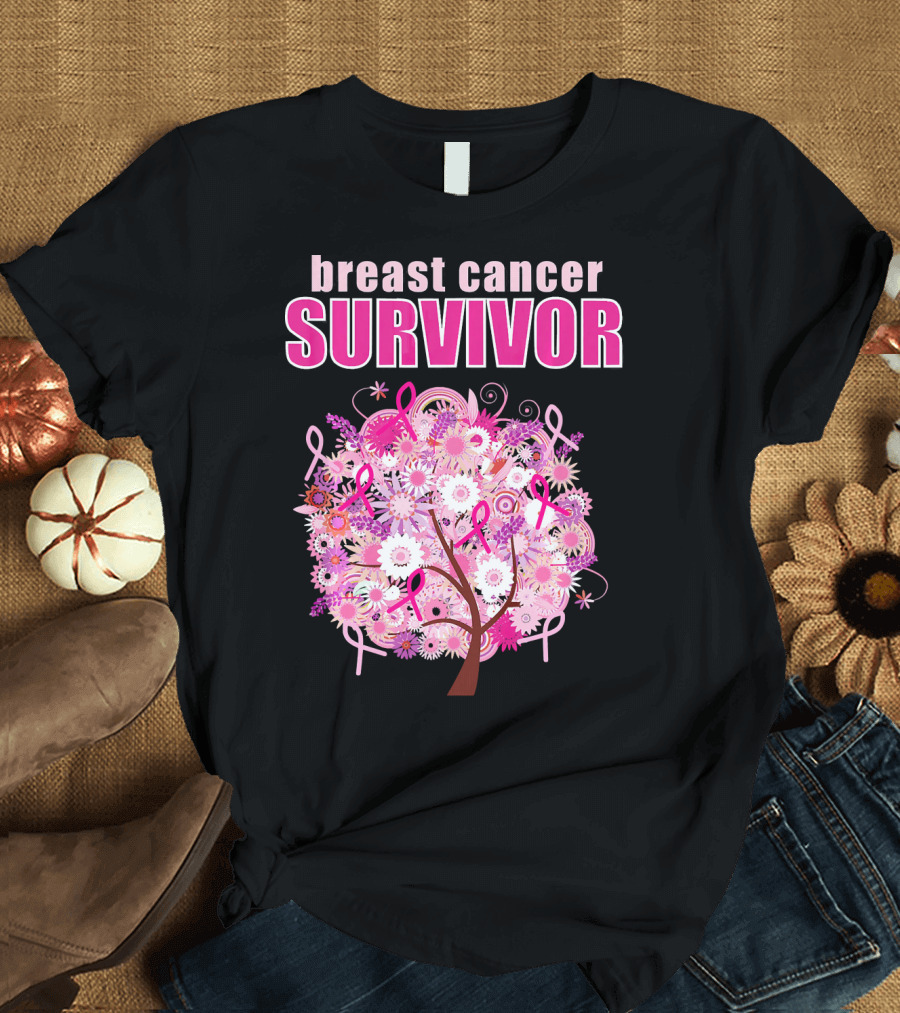 Breast Cancer Survivor Floral Pink Ribbon Tree T-Shirt