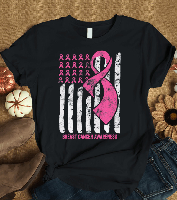 T-Shirt: Breast Cancer Awareness Distress Pink Ribbon American Flag T-Shirt Breast Cancer Awareness Distress Pink Ribbon American Flag T-Shirt