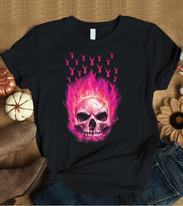 T-Shirt: Halloween Skull Flaming Pink Ribbon Breast Cancer Awareness T-Shirt Halloween Skull Flaming Pink Ribbon Breast Cancer Awareness T-Shirt