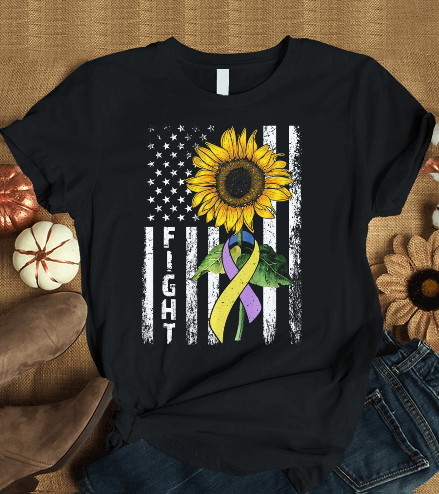 USA Flag Sunflower Fight Ribbon Bladder Cancer T-Shirt