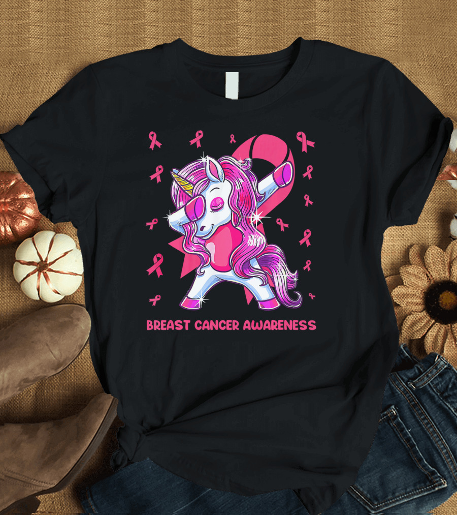 Breast Cancer Awareness Dabbing Unicorn Pink T-Shirt