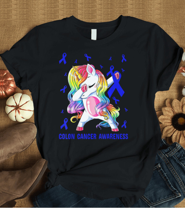 T-Shirt: Colon Cancer Awareness Unicorn Dabbing with Blue Ribbons T-Shirt Colon Cancer Awareness Unicorn Dabbing with Blue Ribbons T-Shirt