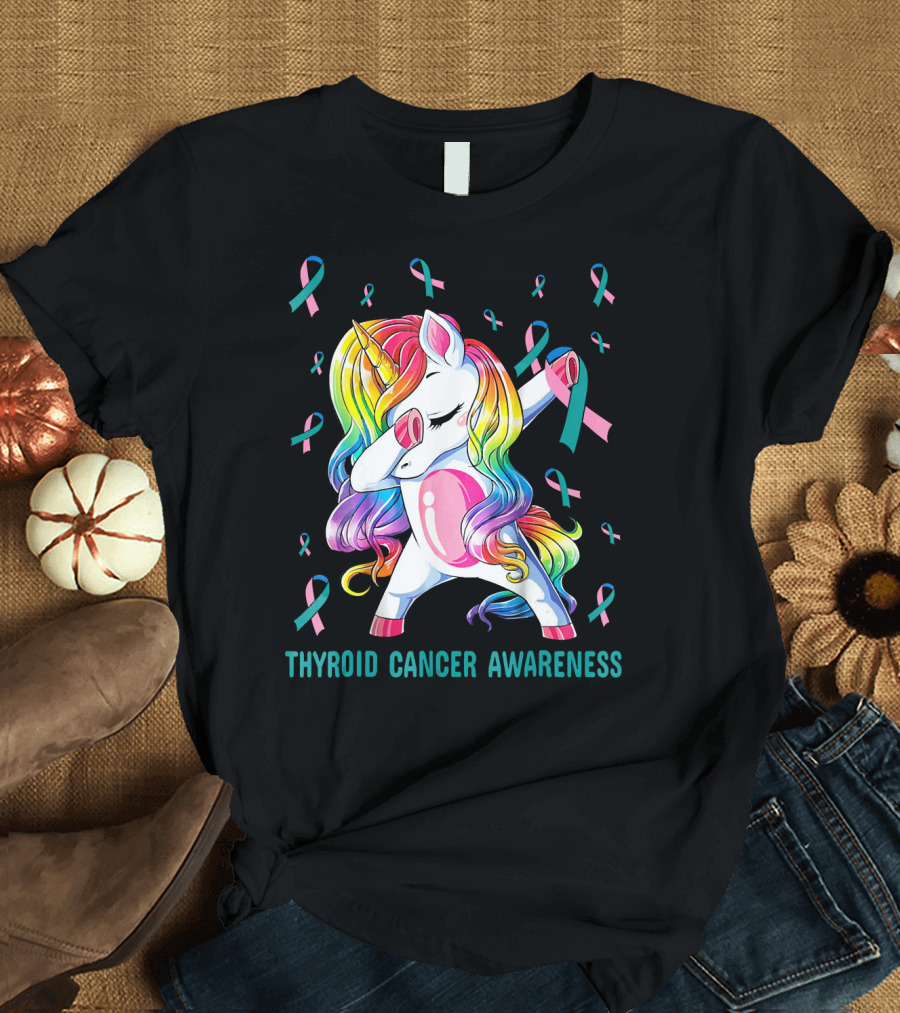 Dabbing Unicorn Rainbow Thyroid Cancer Awareness T-Shirt