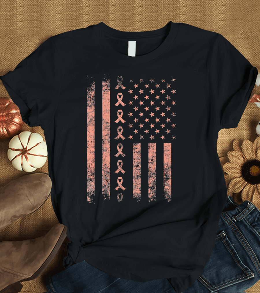 Uterine Cancer Awareness Ribbon American Flag Peac T-Shirt