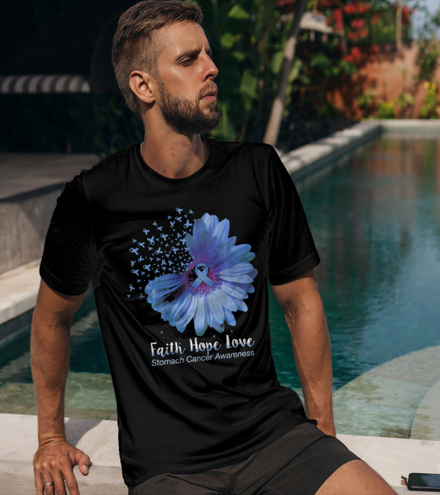 Faith Hope Love Stomach Cancer Awareness Blue Flower T-Shirt