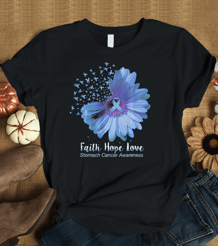 Faith Hope Love Stomach Cancer Awareness Blue Flower T-Shirt