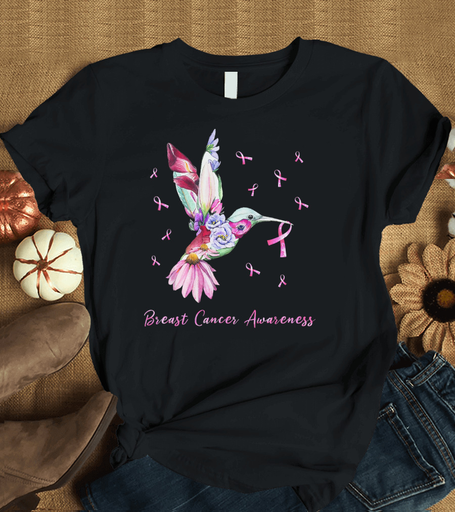Breast Cancer Awareness Pink Ribbon Flower Hummingbird T-Shirt