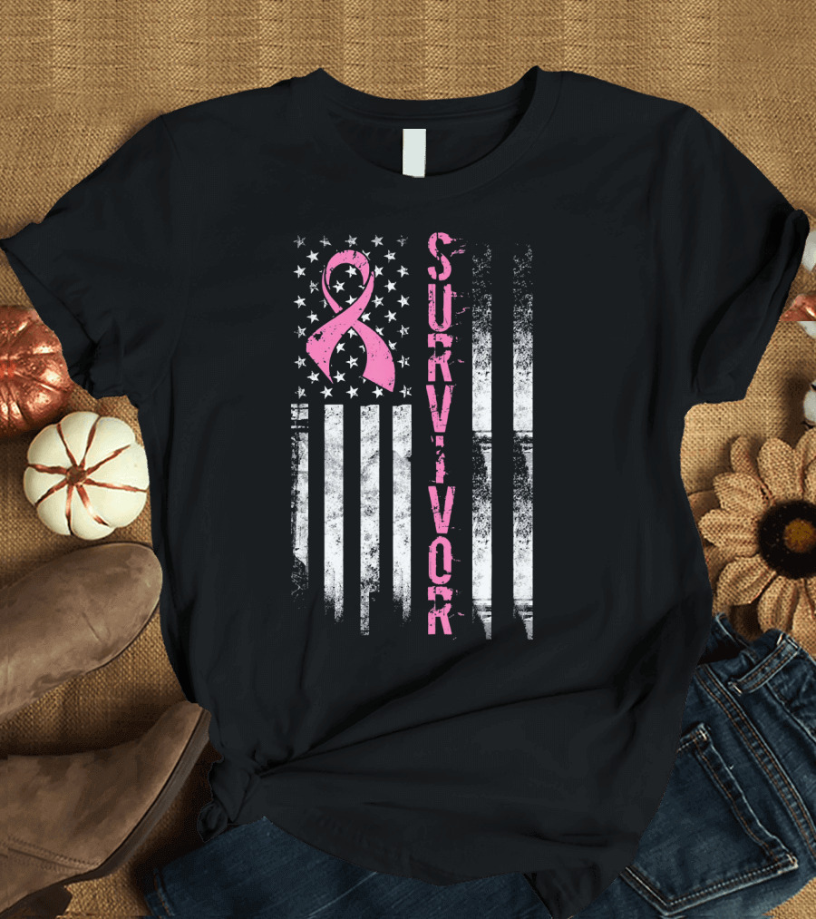 Breast Cancer Survivor Pink Ribbon American Flag T-Shirt