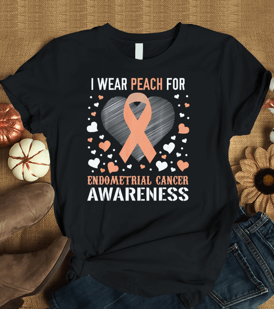 I Wear Peach for Endometrial Cancer Awareness Ribbon Heart T-Shirt
