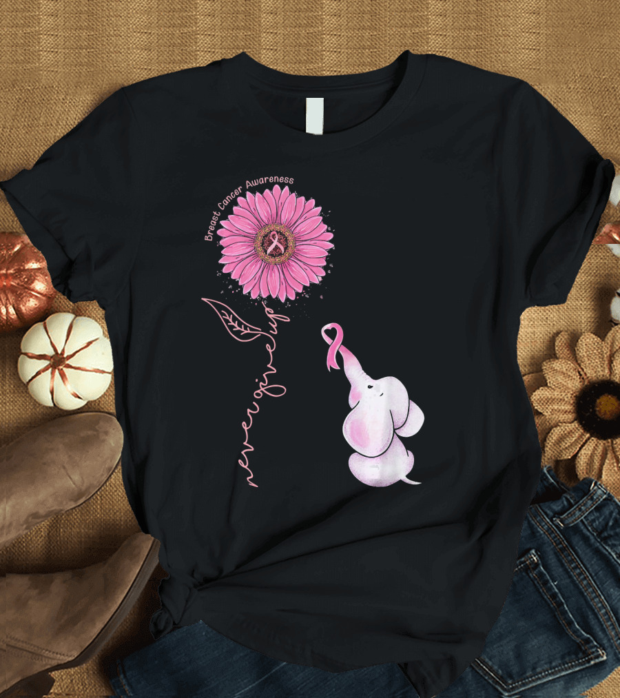 Breast Cancer Awareness Never Give Up Pink Ribbon Sunflower Elephant T-Shirt