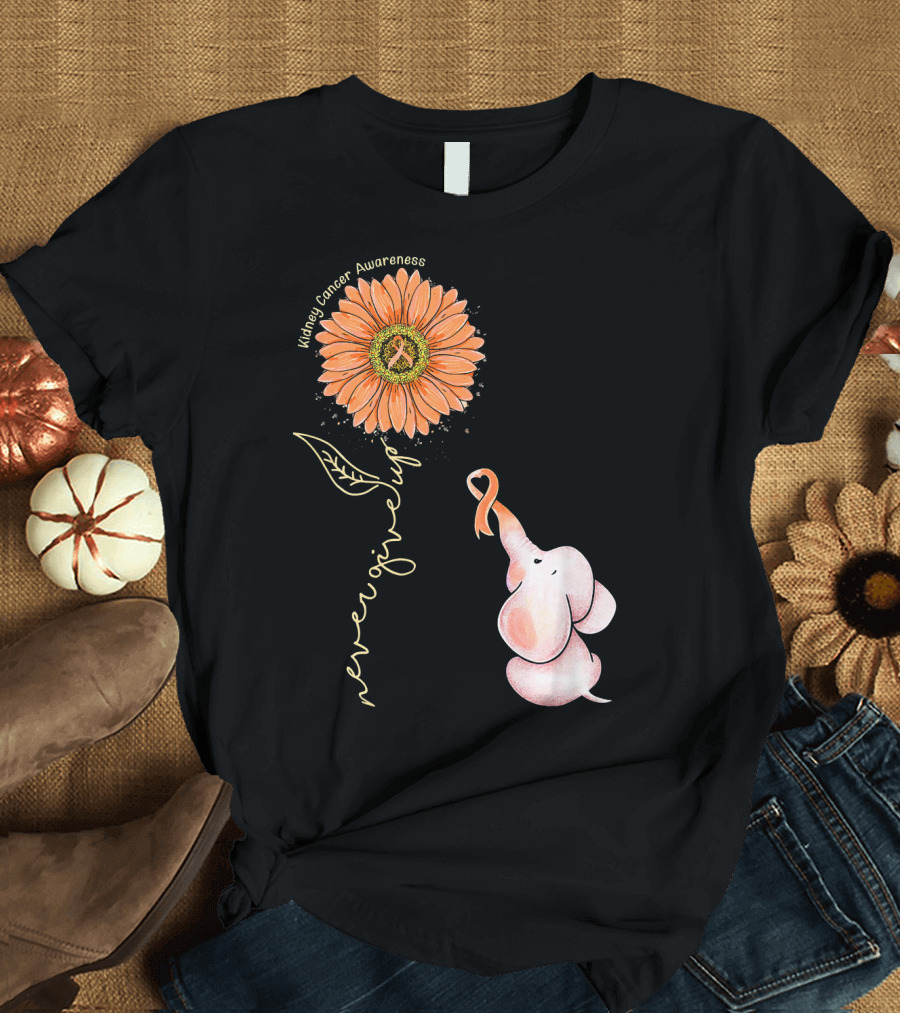 Kidney Cancer Awareness Sunflower Elephant Never Give Up T-Shirt