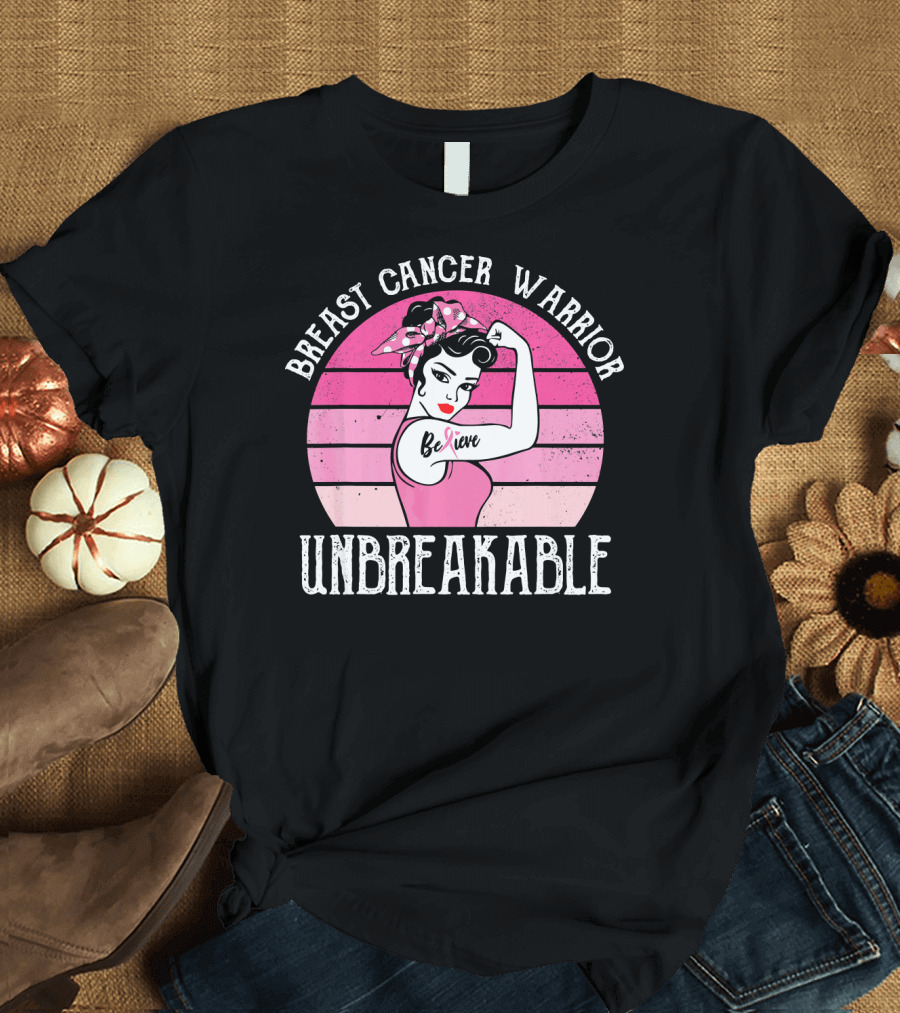 Breast Cancer Warrior Believe Unbreakable Retro Sunset T-Shirt