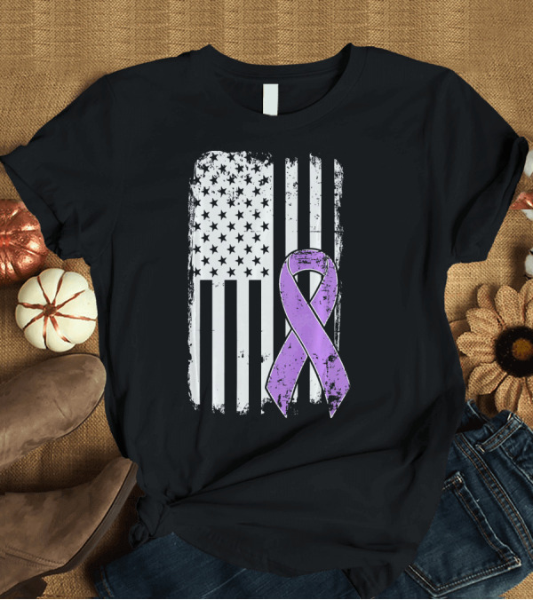 T-Shirt: Pancreatic Cancer Awareness Purple Ribbon with American Flag T-Shirt Pancreatic Cancer Awareness Purple Ribbon with American Flag T-Shirt