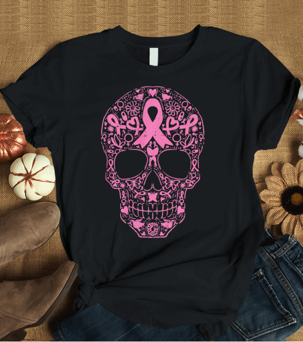 T-Shirt: Sugar Skull Pink Ribbon Breast Cancer Awareness Calavera T-Shirt Sugar Skull Pink Ribbon Breast Cancer Awareness Calavera T-Shirt