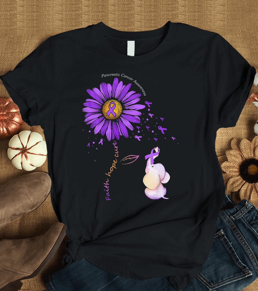 Faith Hope Cure Purple Daisy Flower Pancreatic Cancer Awareness T-Shirt