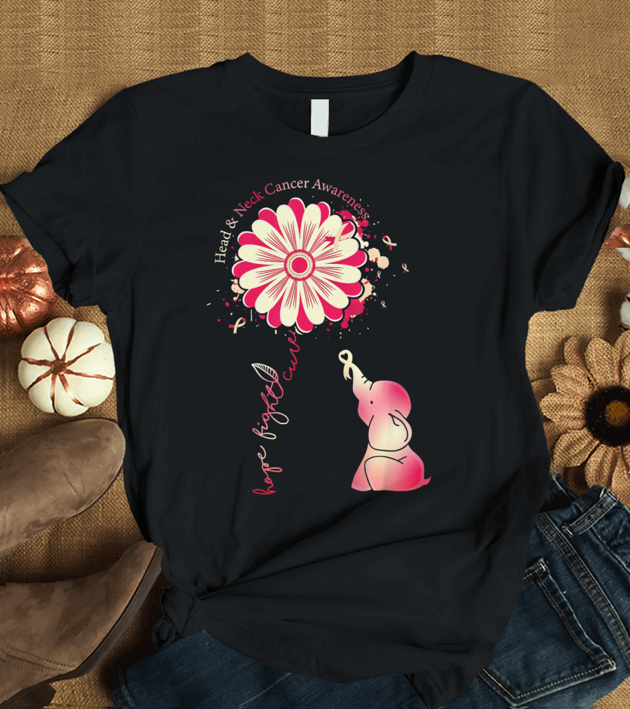 Head and Neck Cancer Awareness White and Burgundy Ribbon Hope Fight Cure Elephant Flower T-Shirt