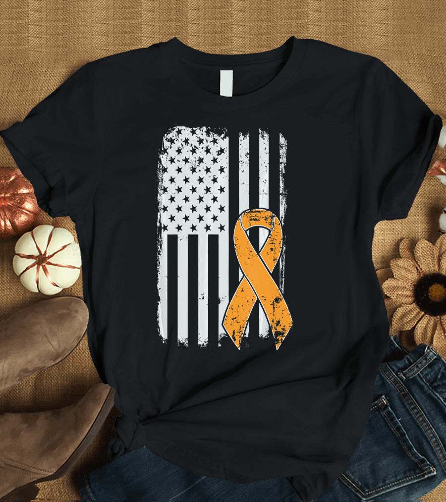 Leukemia Cancer Awareness Vintage US Flag Orange T-Shirt