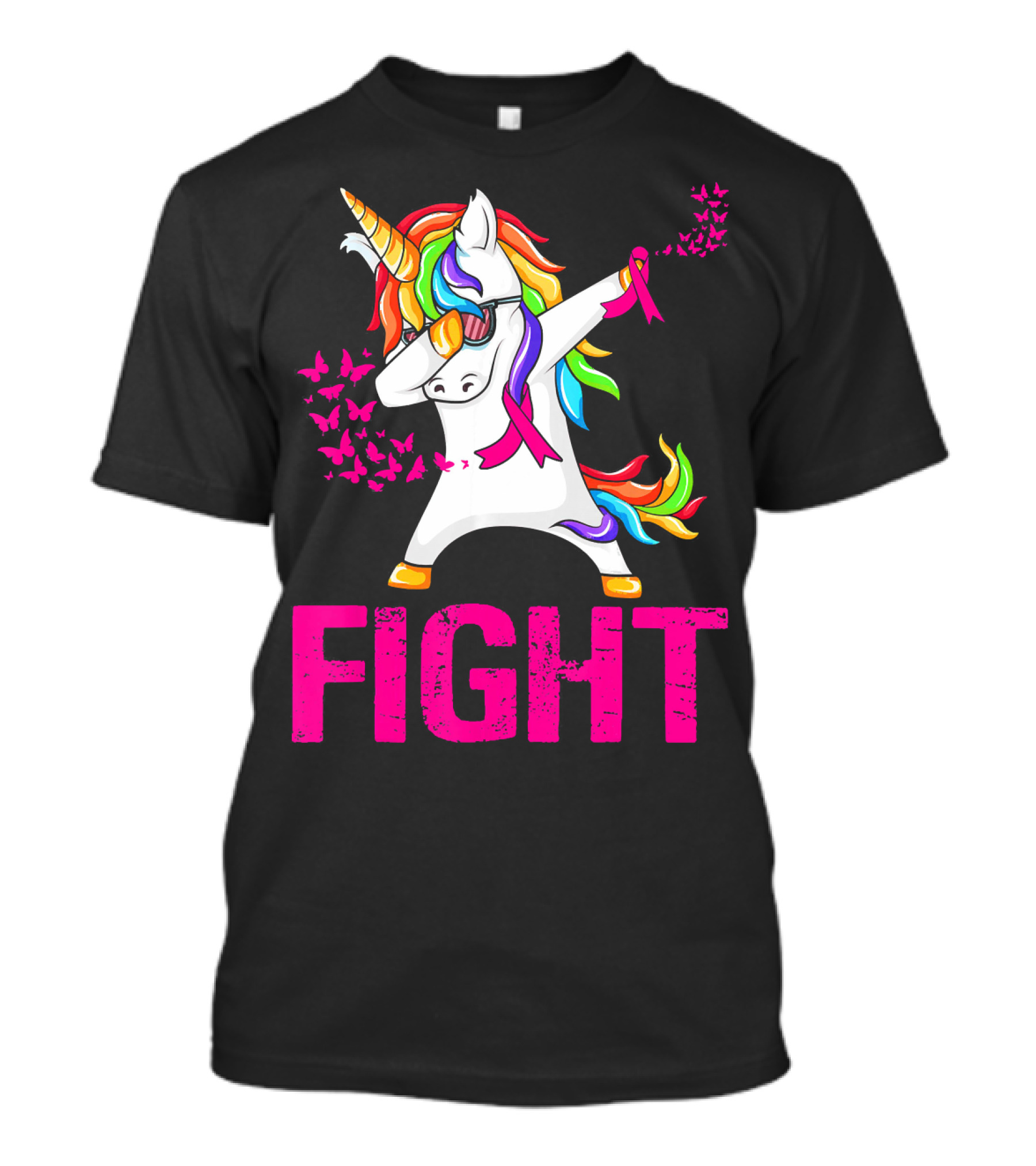 Fight Breast Cancer Awareness Unicorn Dabbing With Rainbow Mane And Butterflies T-Shirt