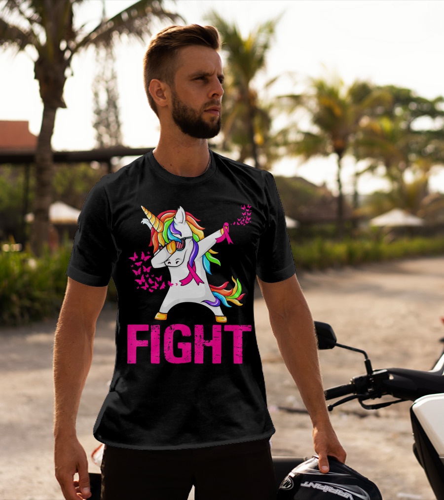 Fight Breast Cancer Awareness Unicorn Dabbing With Rainbow Mane And Butterflies T-Shirt